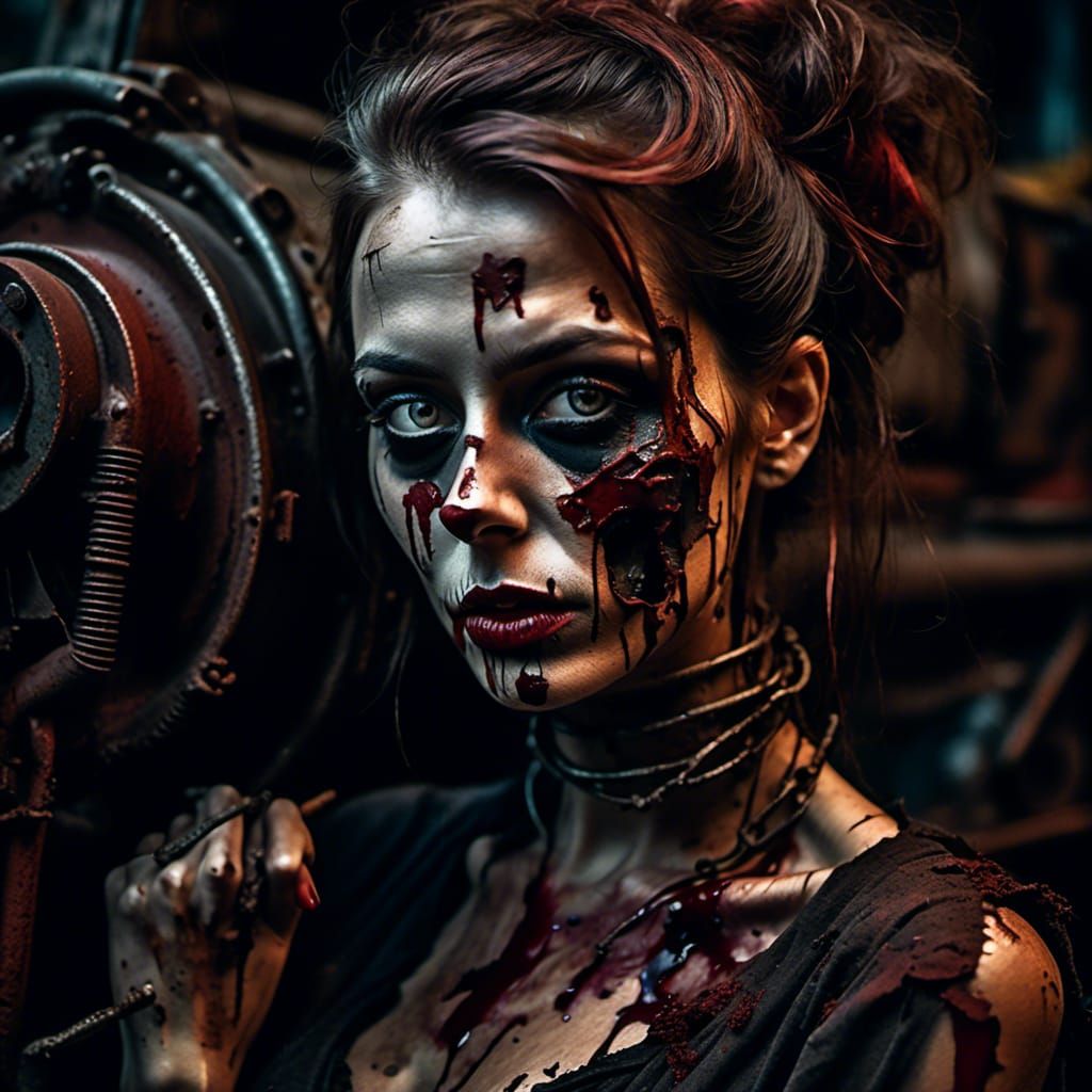Zombie Pinup Melts into Gothic Machinery