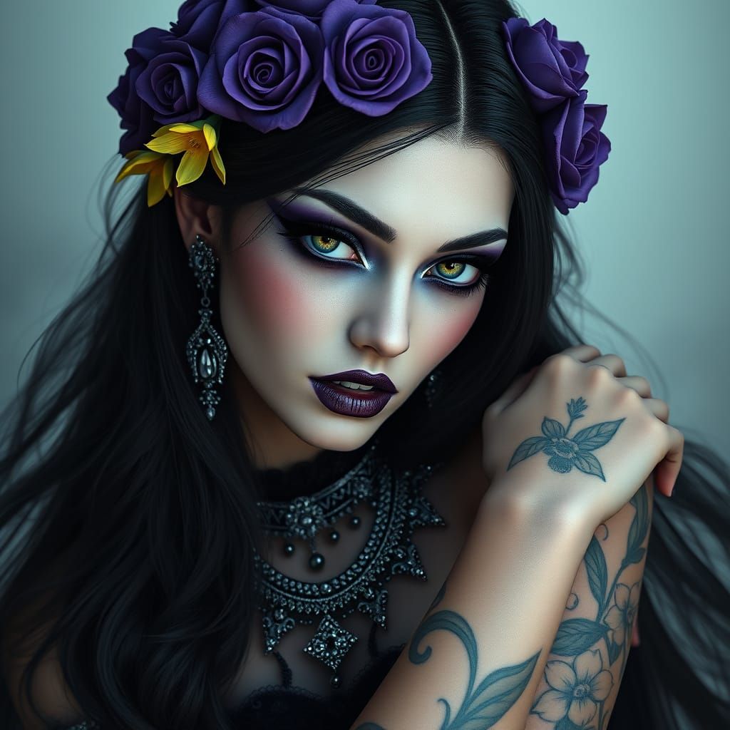A mystical woman with long, flowing black hair adorned with purple roses, wearing intricate jewelry and dark, gothic att...