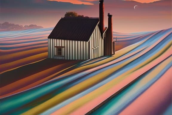 Majestic Farmhouse on Hill in Retro Art Style