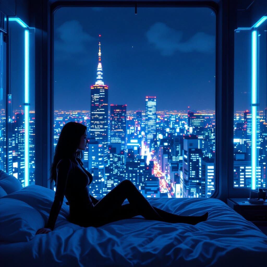 Cyberpunk Bedroom View of Tokyo at Night