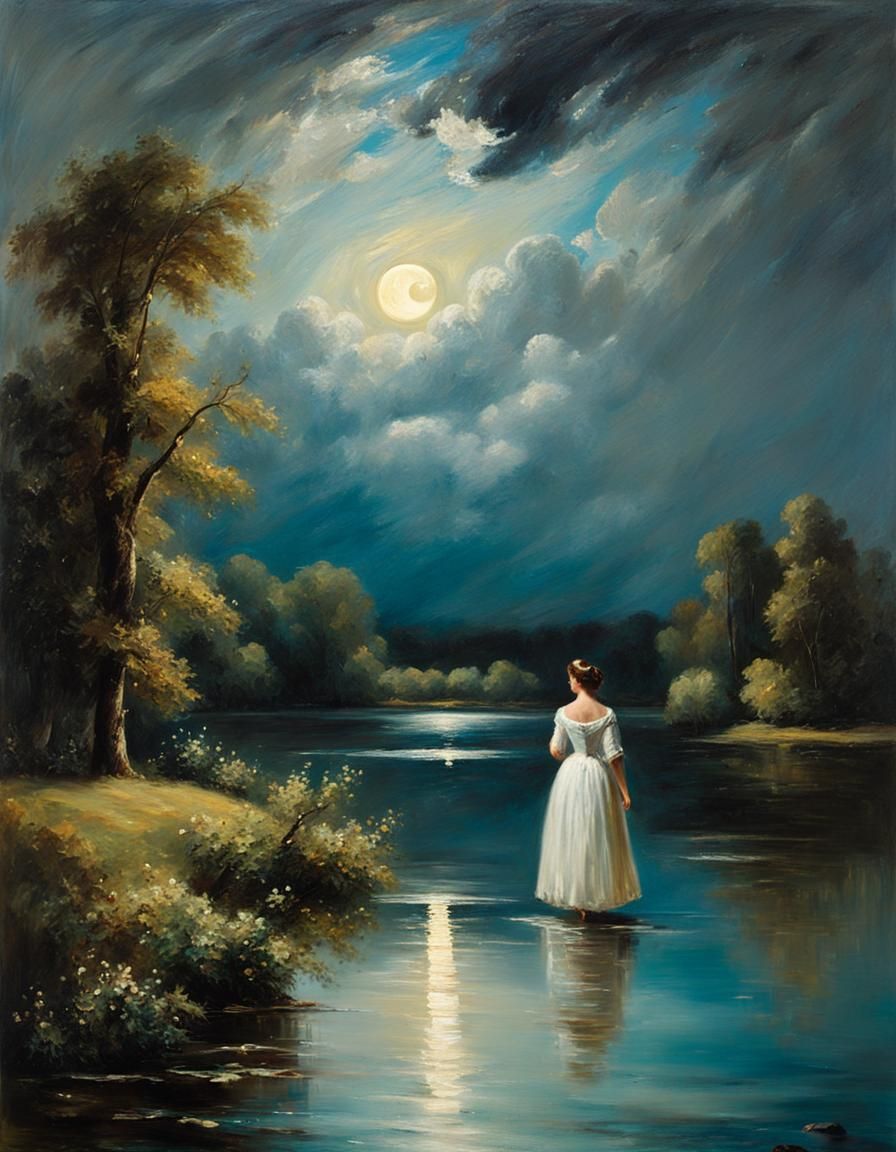 Woman Bathing in Lake at Night as Oil Painting