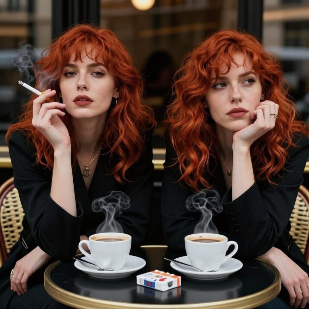 Two Redheads Enjoying Coffee and Cigarettes at a Moody Cafe