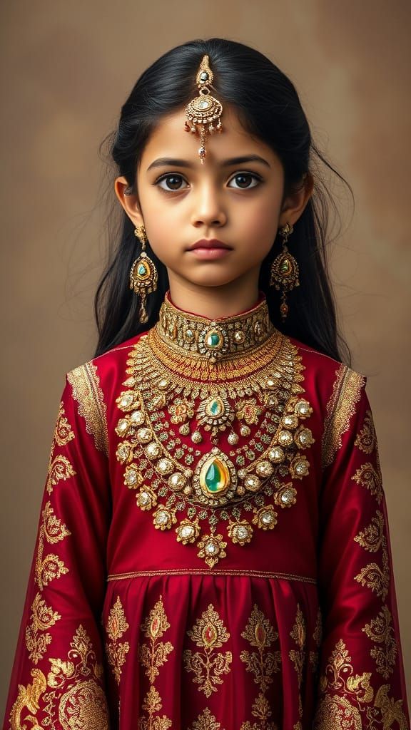 Majestic 8-Year-Old Girl in Opulent Eid Attire with Heavy St...