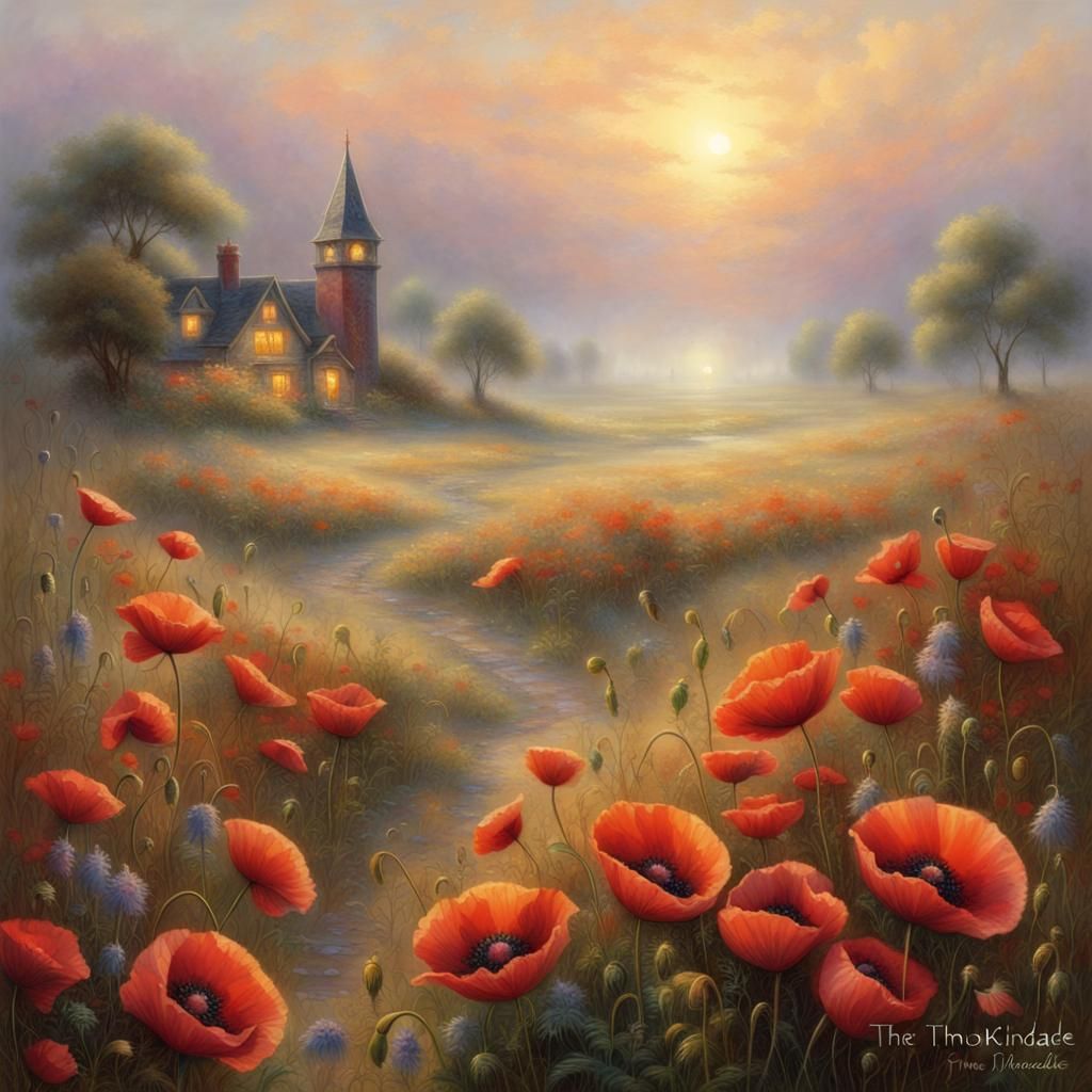 Poppies in Foggy Field at Sunrise