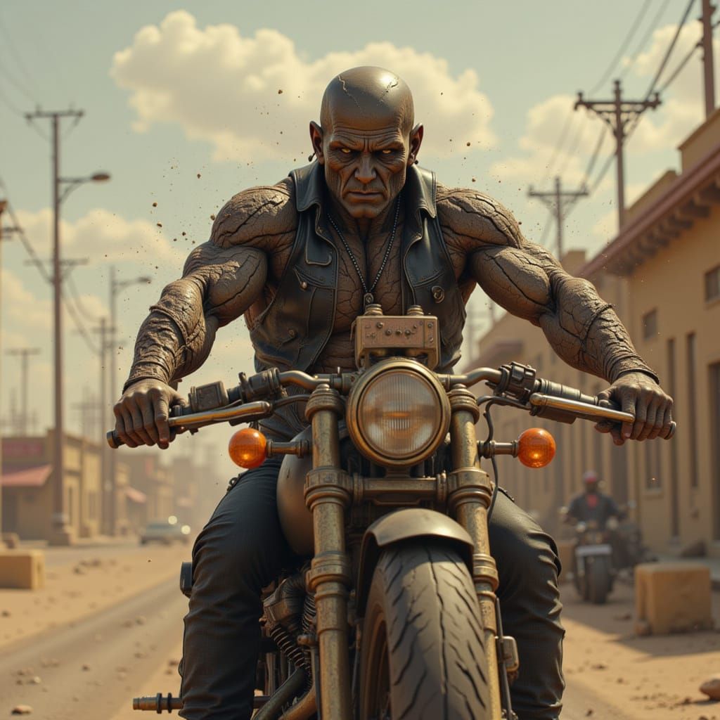 Golem Rides a Harley Motorcycle
