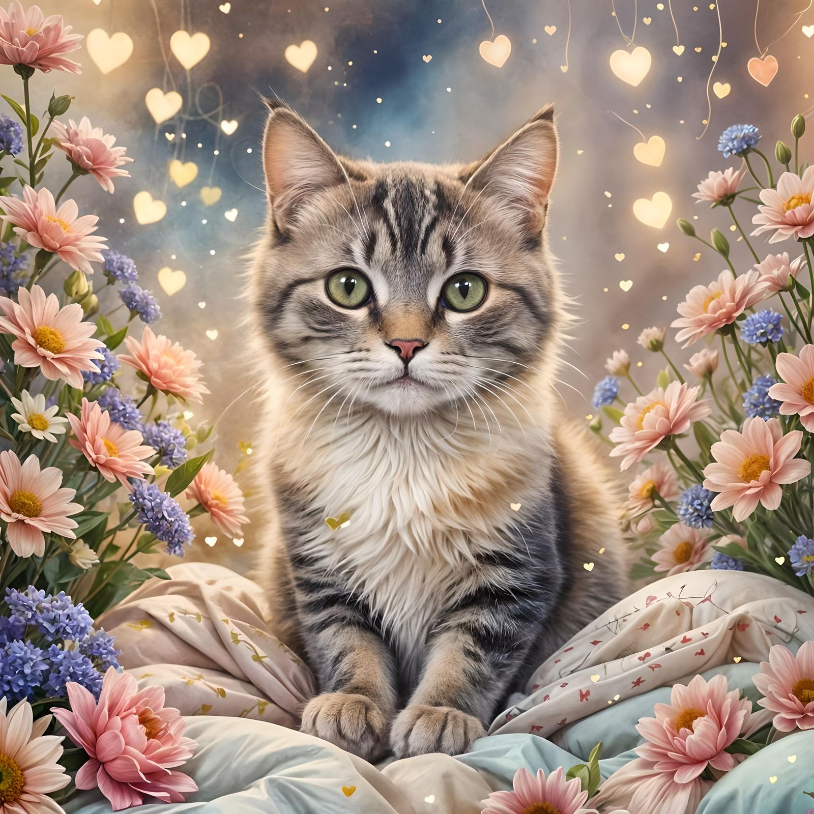 Cute Cat in Flowers, Heart Lights, as Baroque Painting