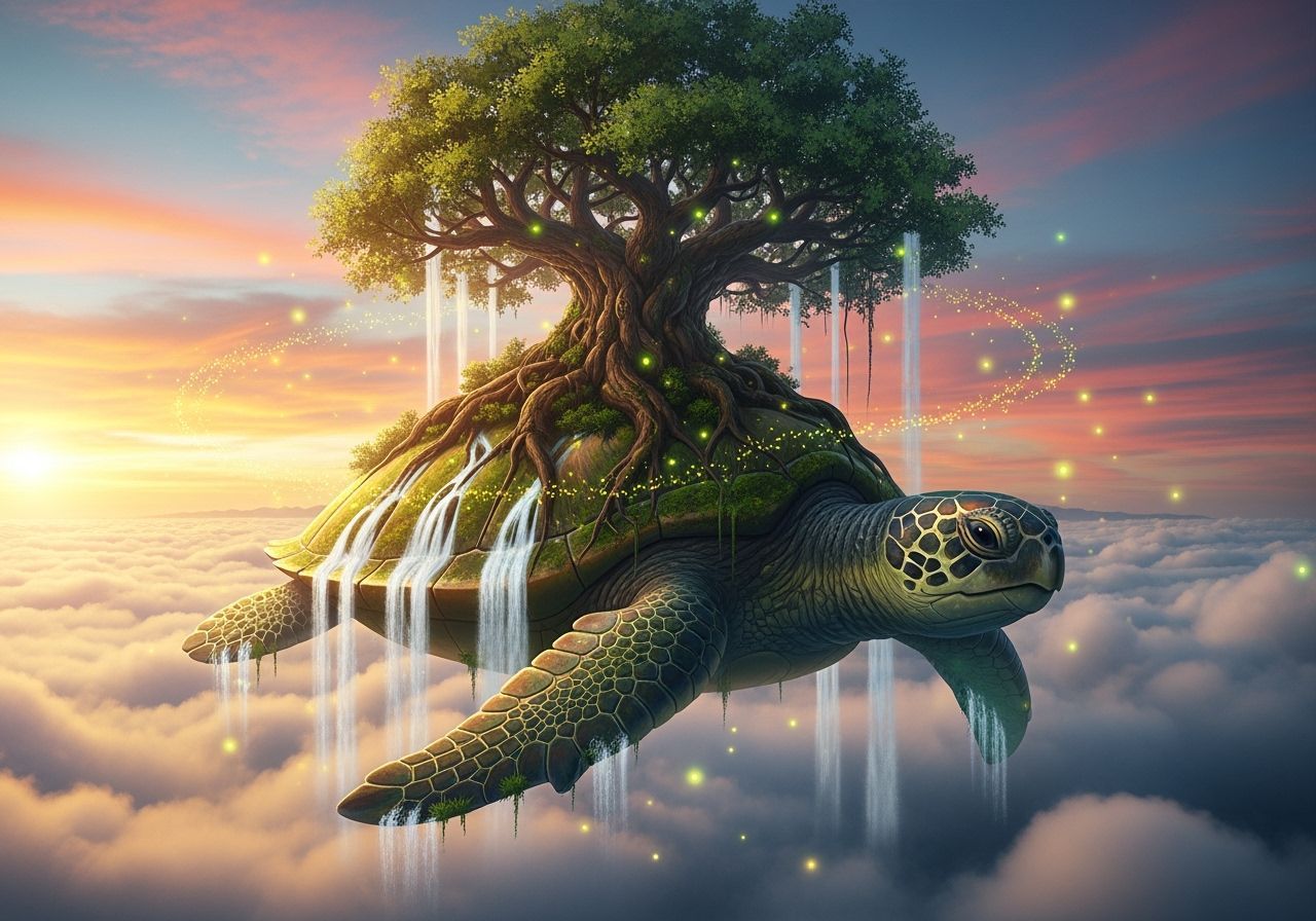 Floating Turtle Island with Ancient Tree and Waterfalls