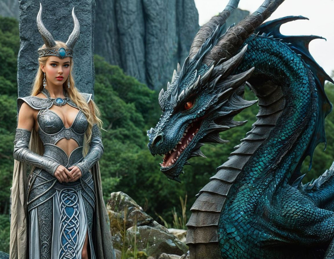 Majestic Dragon Counsels Enchanting Goddess Amid Ancient Sto...