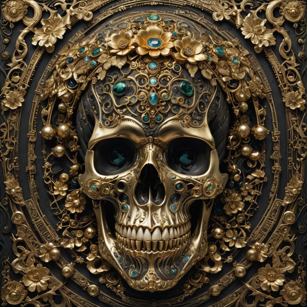 A hyperrealistic photograph of a skull adorned with intricat...