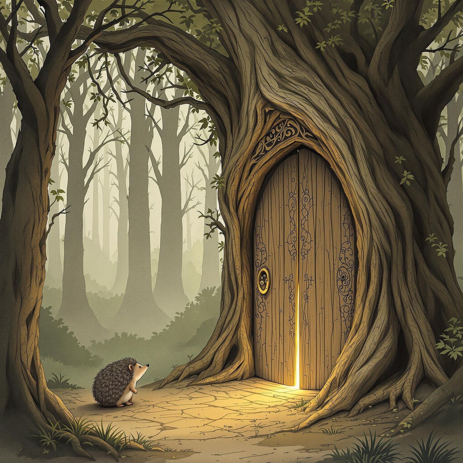 Whimsical Hedgehog Finds Ancient Door in Enchanted Forest