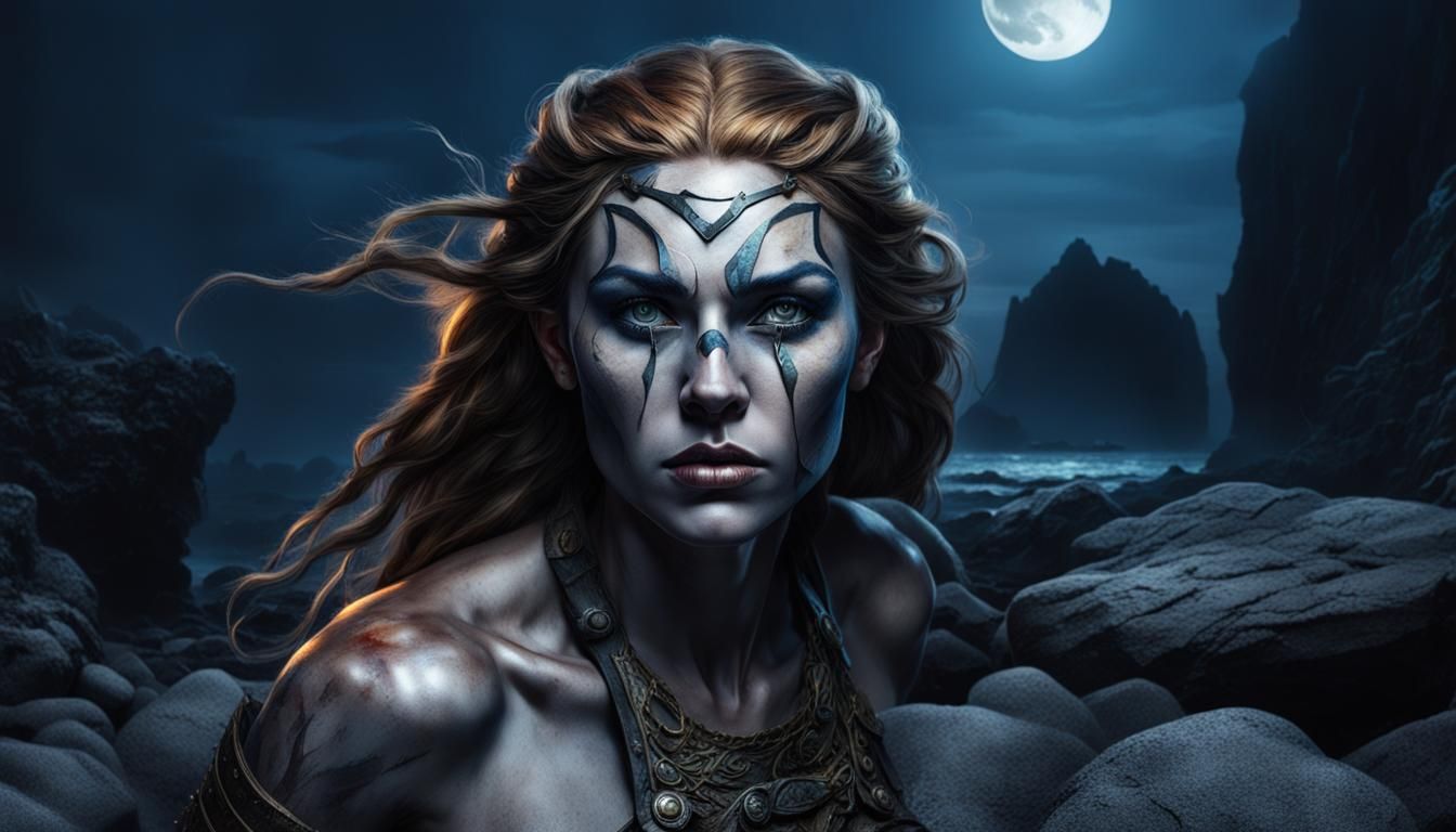 Female Viking Warrior on Beach at Night
