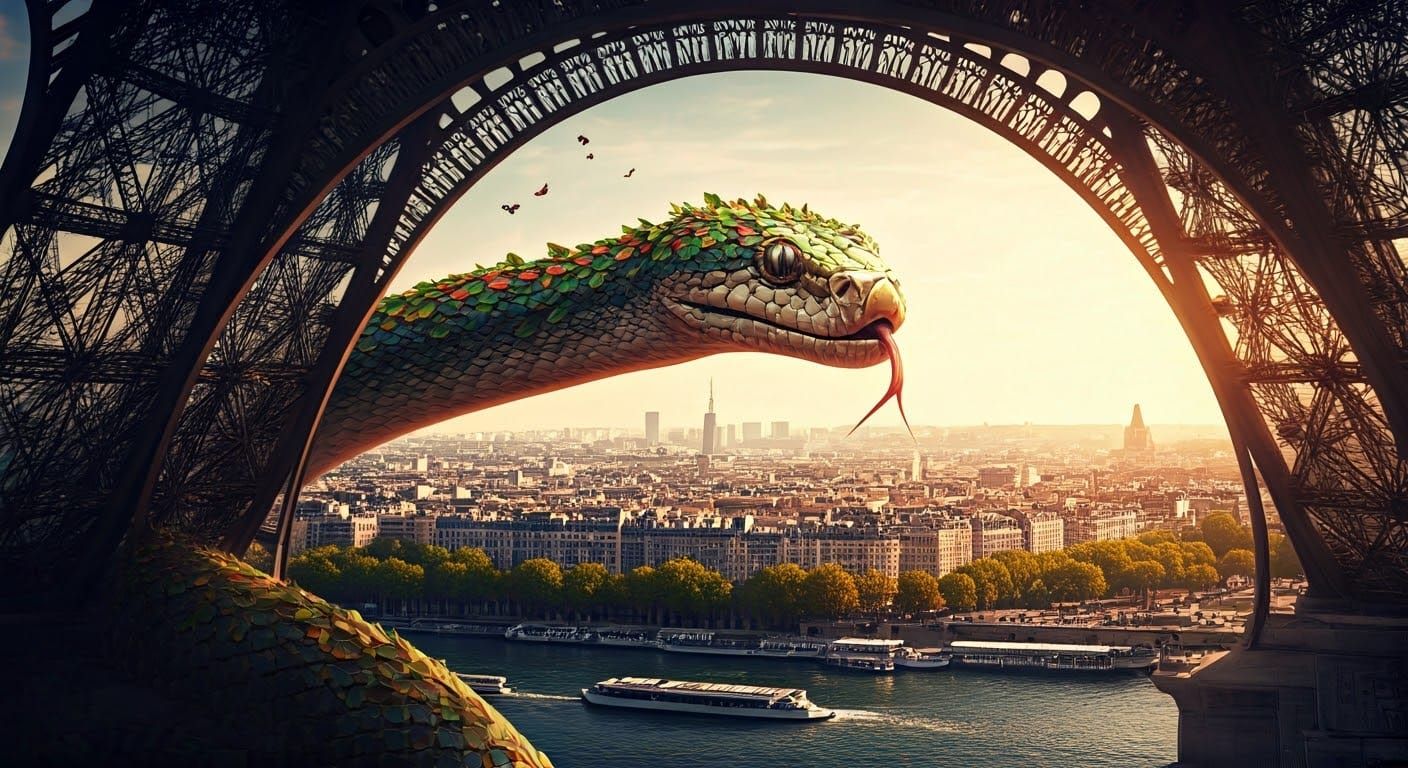 Eiffel Tower Snake: Hyperrealistic Photoillustration
