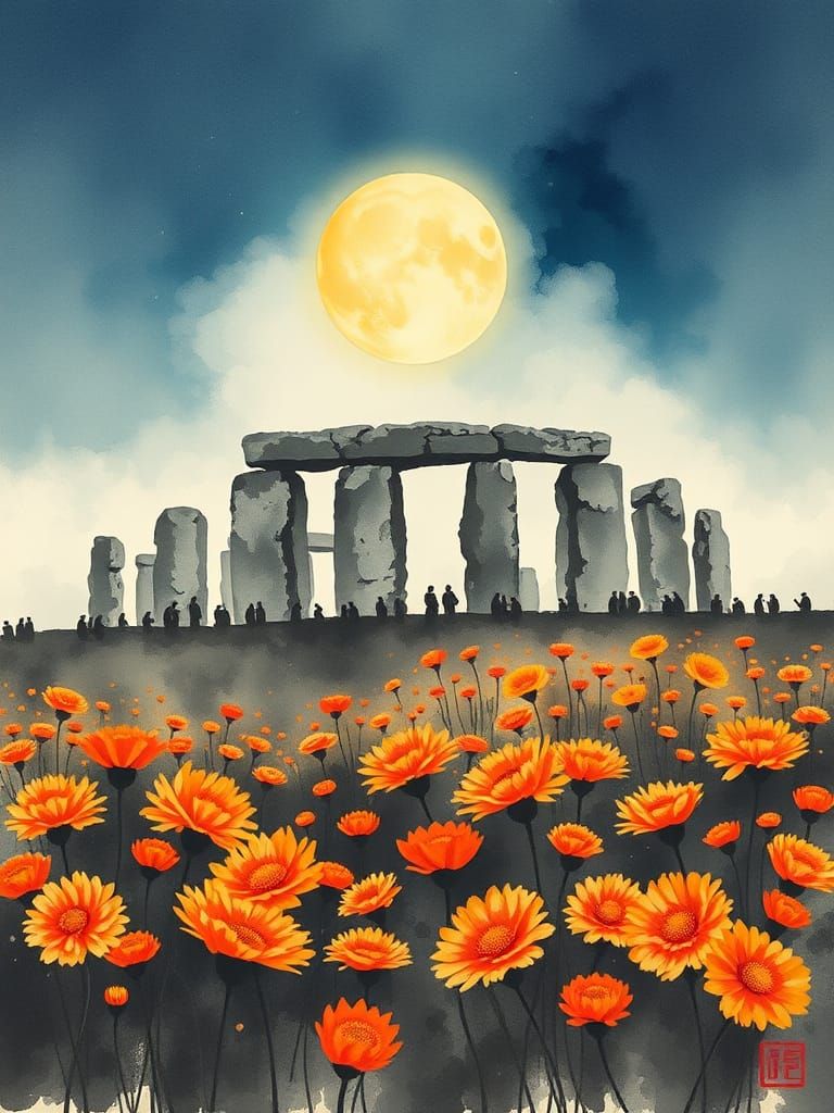 Stonehenge Solstice Celebration in Chinese Ink Wash Style