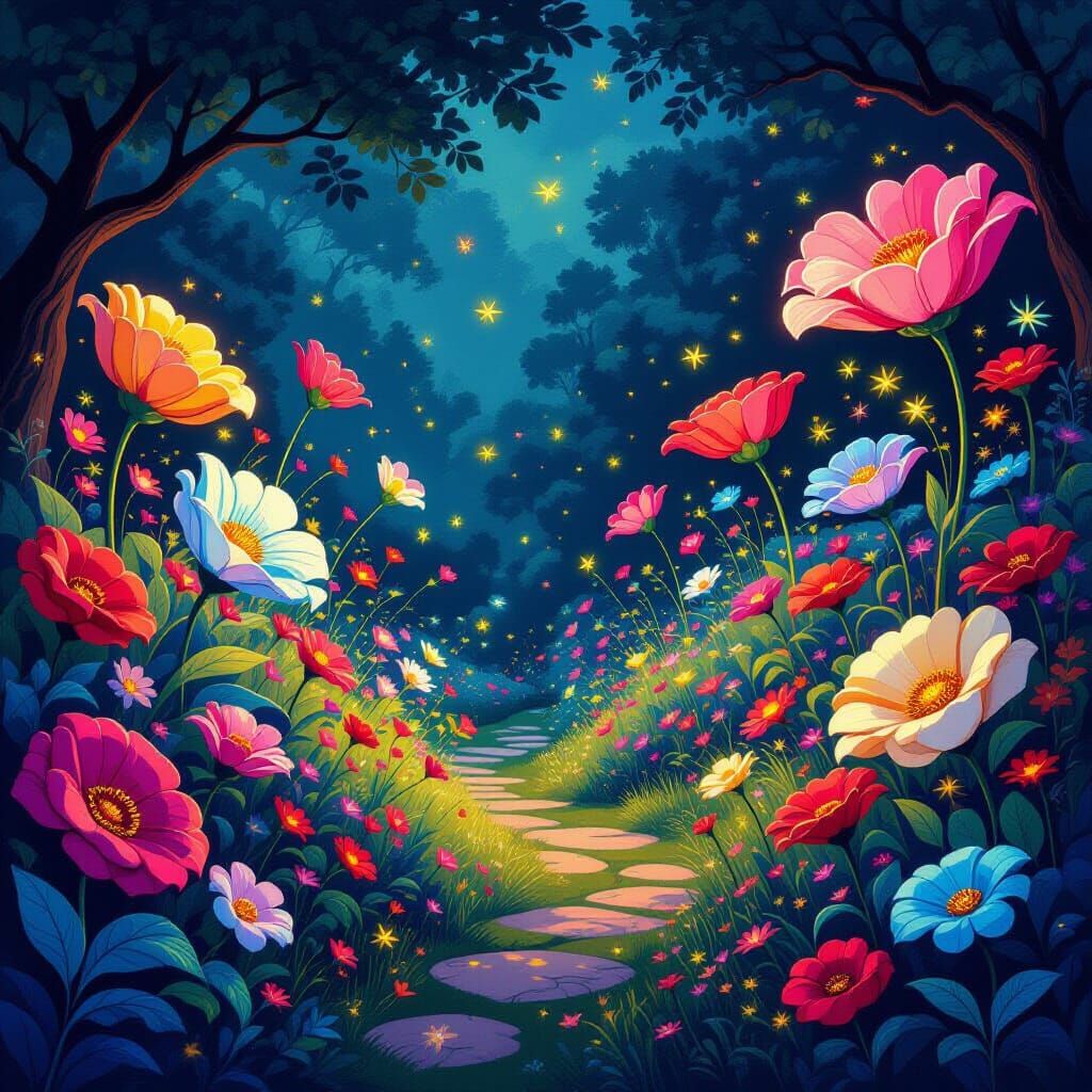 Psychedelic Garden of Impossible Flowers and Fireflies