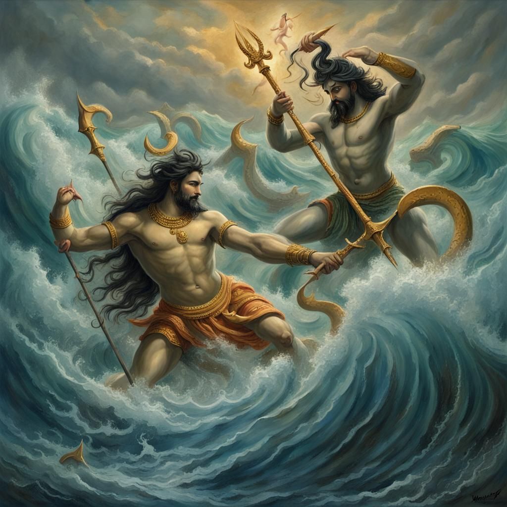 Shiva and Poseidon Battle on the Ocean Waves