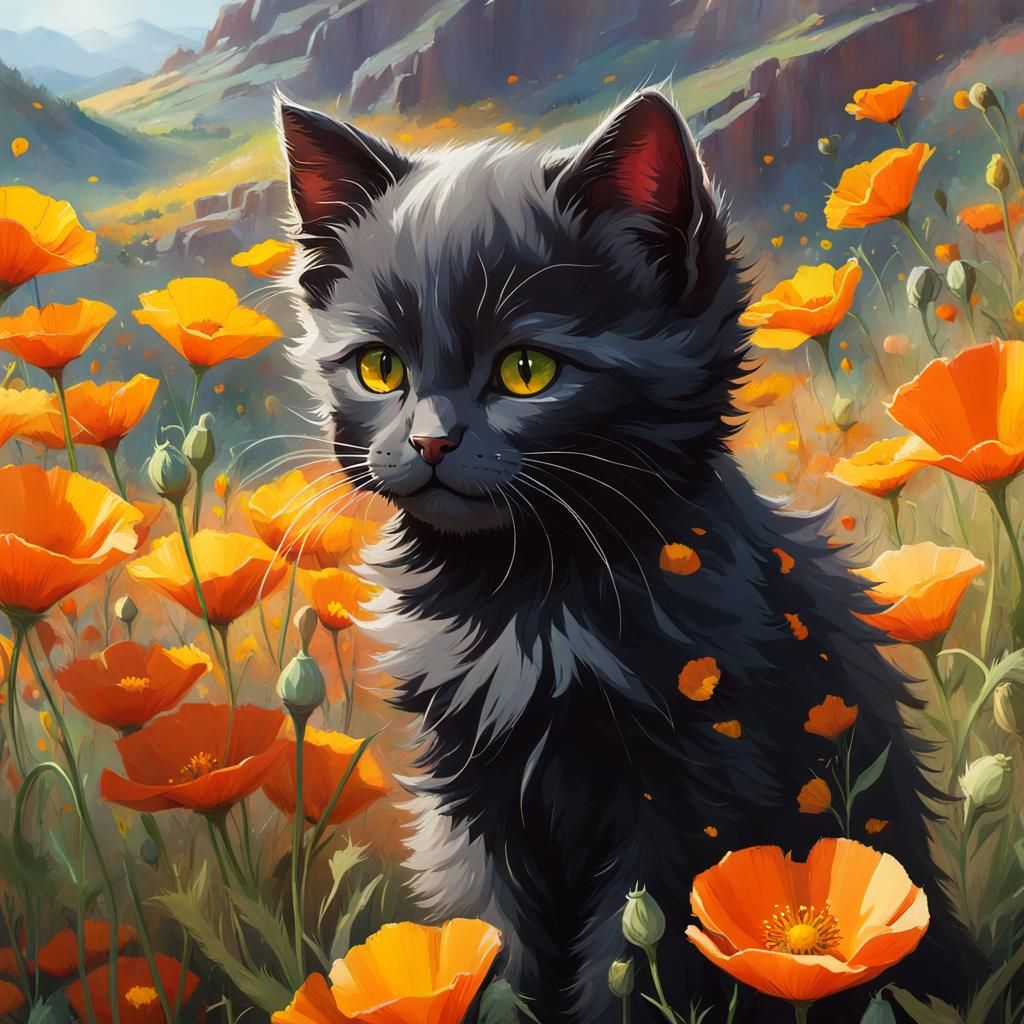 an adorable cartoon soft fluffy black kitten on a sunny day surrounded by california poppies by WLOP, Carne Griffiths, S...