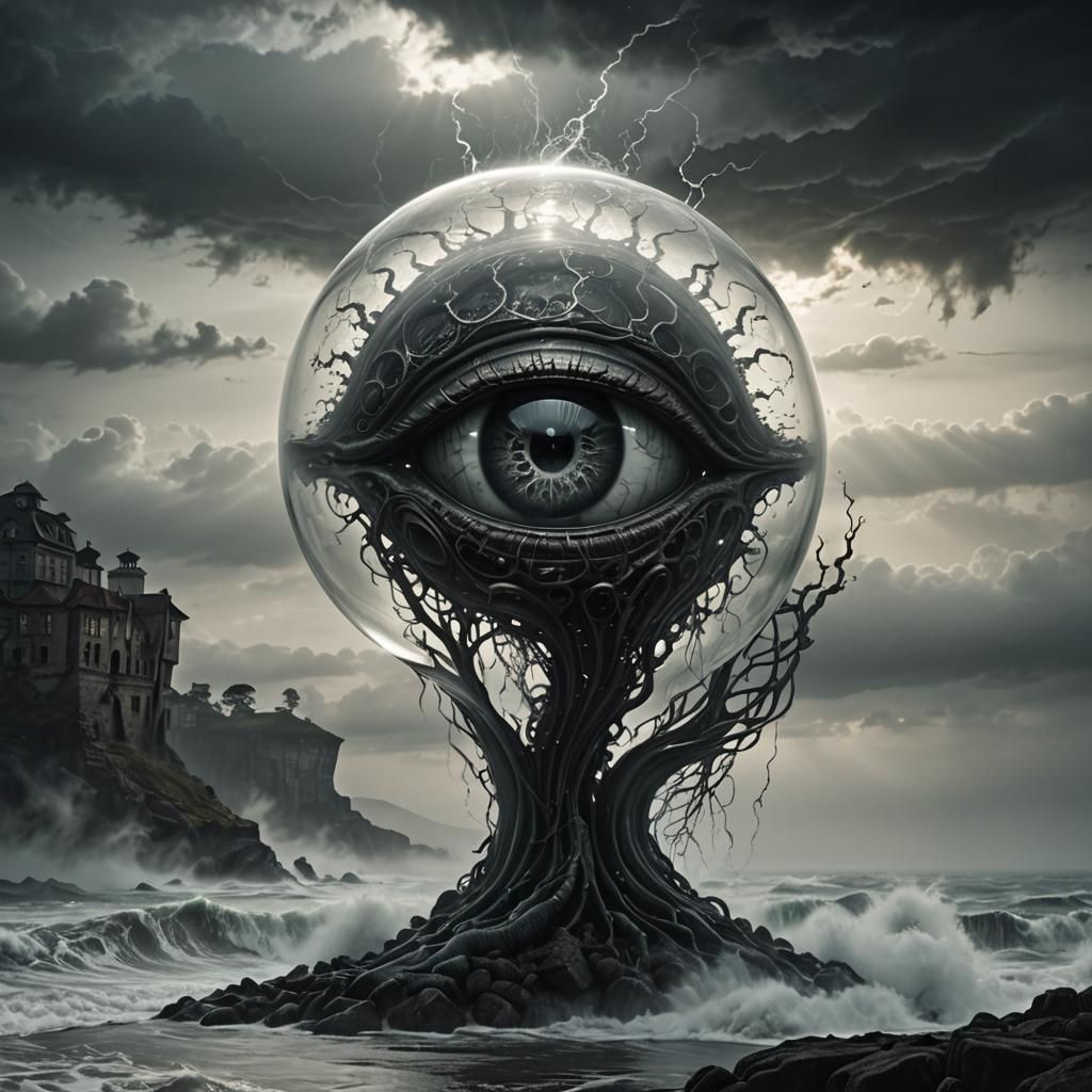 Glass A Sculpture with Eye and Brain in Dark Fantasy