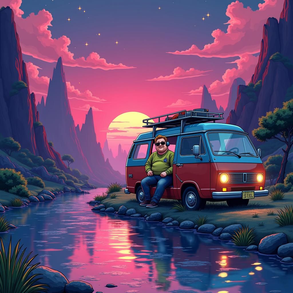 Pixelated Avatar in Dystopian Van, Cyberpunk Art