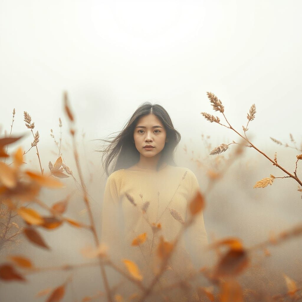 Ethereal Woman Lost in Fog: Watercolor Illustration
