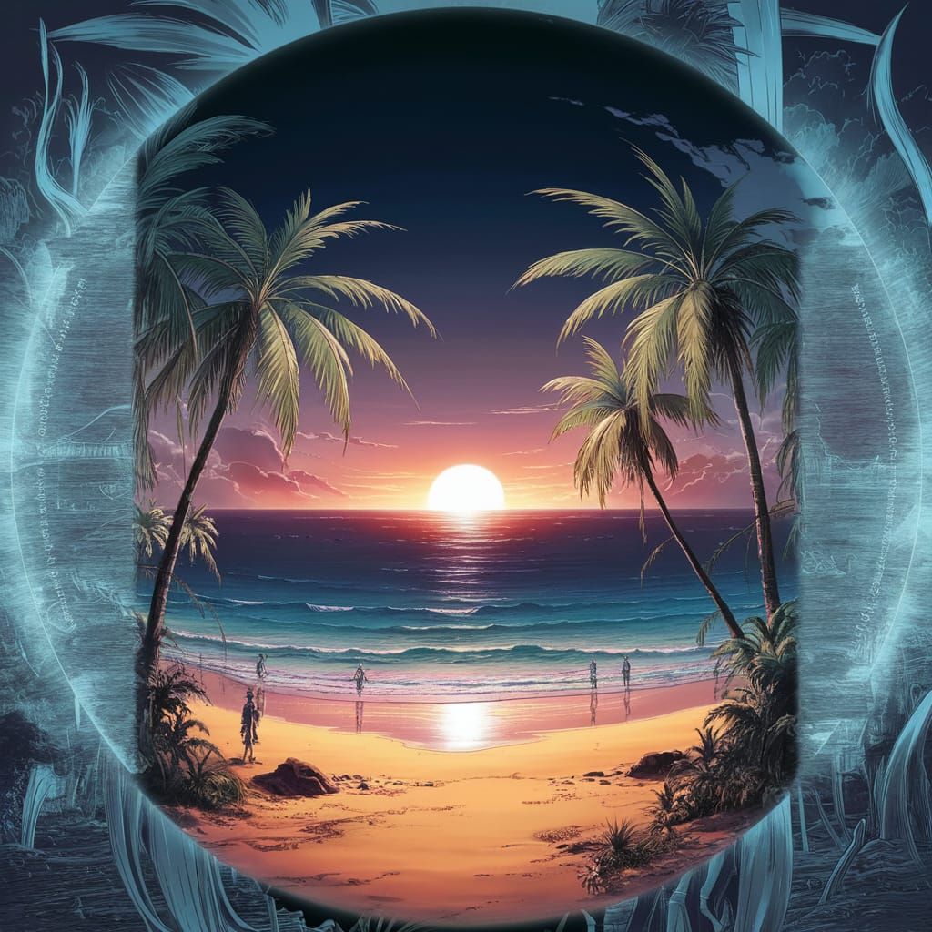 Vibrant Anime Beach Sunset in Cel-Shaded Style