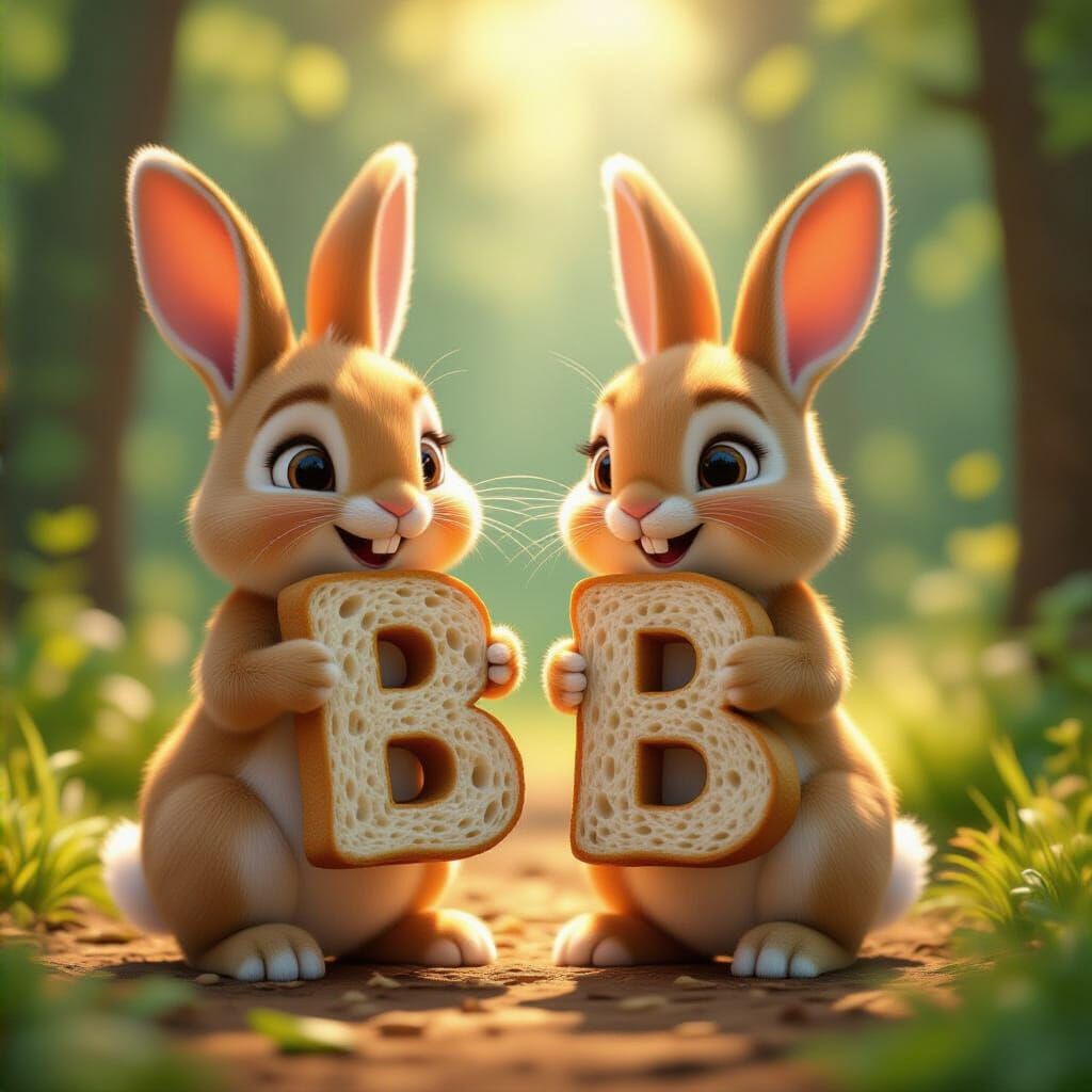 Cute Bunny Rabbits Hold Bread Letter B in Forest