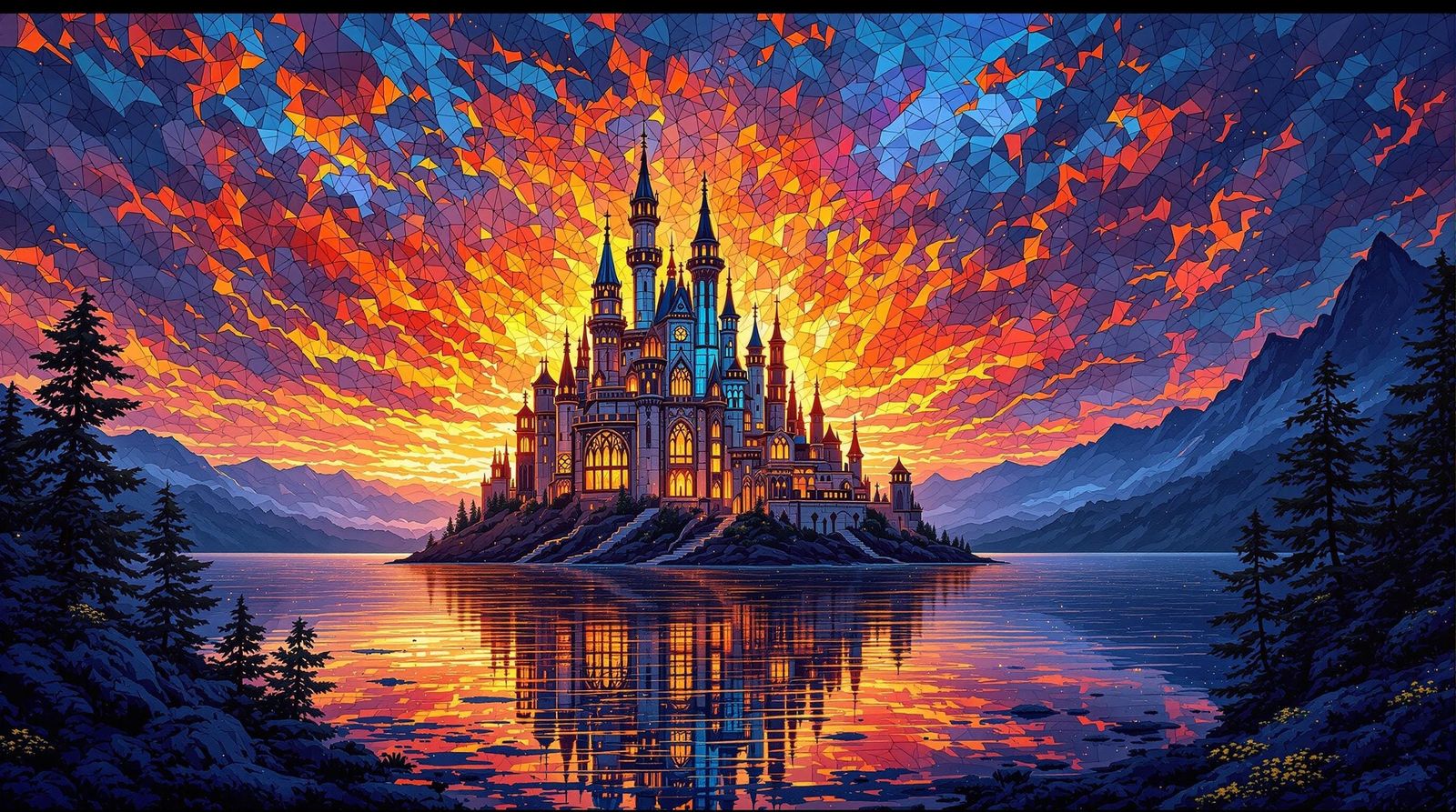 Fantasy Castle in Burning Lake: Stained Glass Mosaic Art