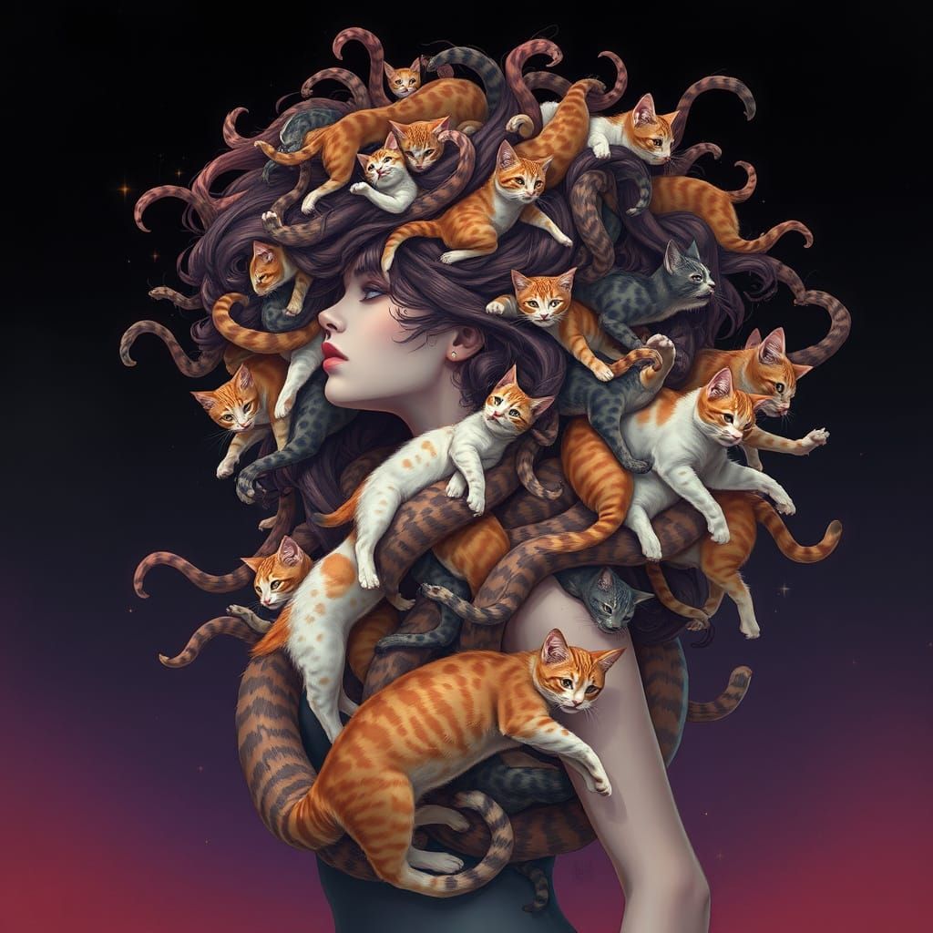 Surreal Goddess with Cat Hair in Cyberpunk Style