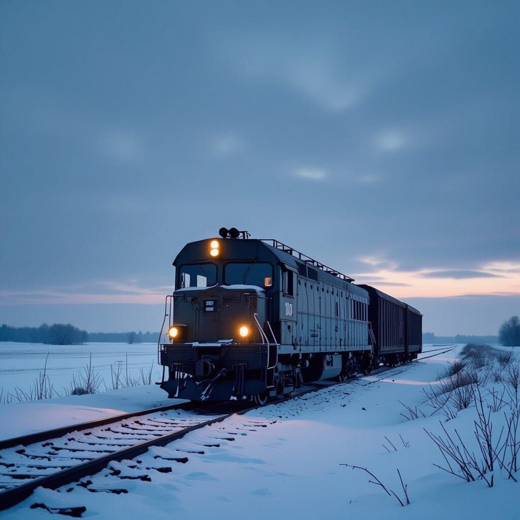 Abandoned Train Car in Eerie Twilight Snowscape