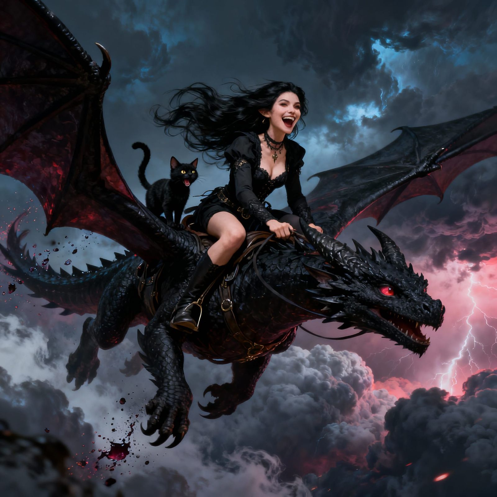 Woman Rides Black Dragon Over Storm Clouds with Laughing Cat