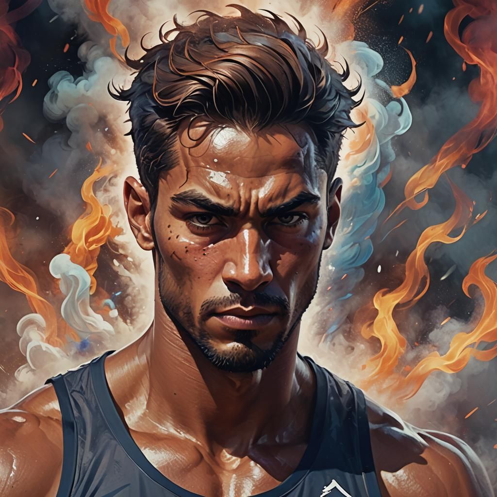 Athlete Portrait with Swirling Smoke, Cinematic Art
