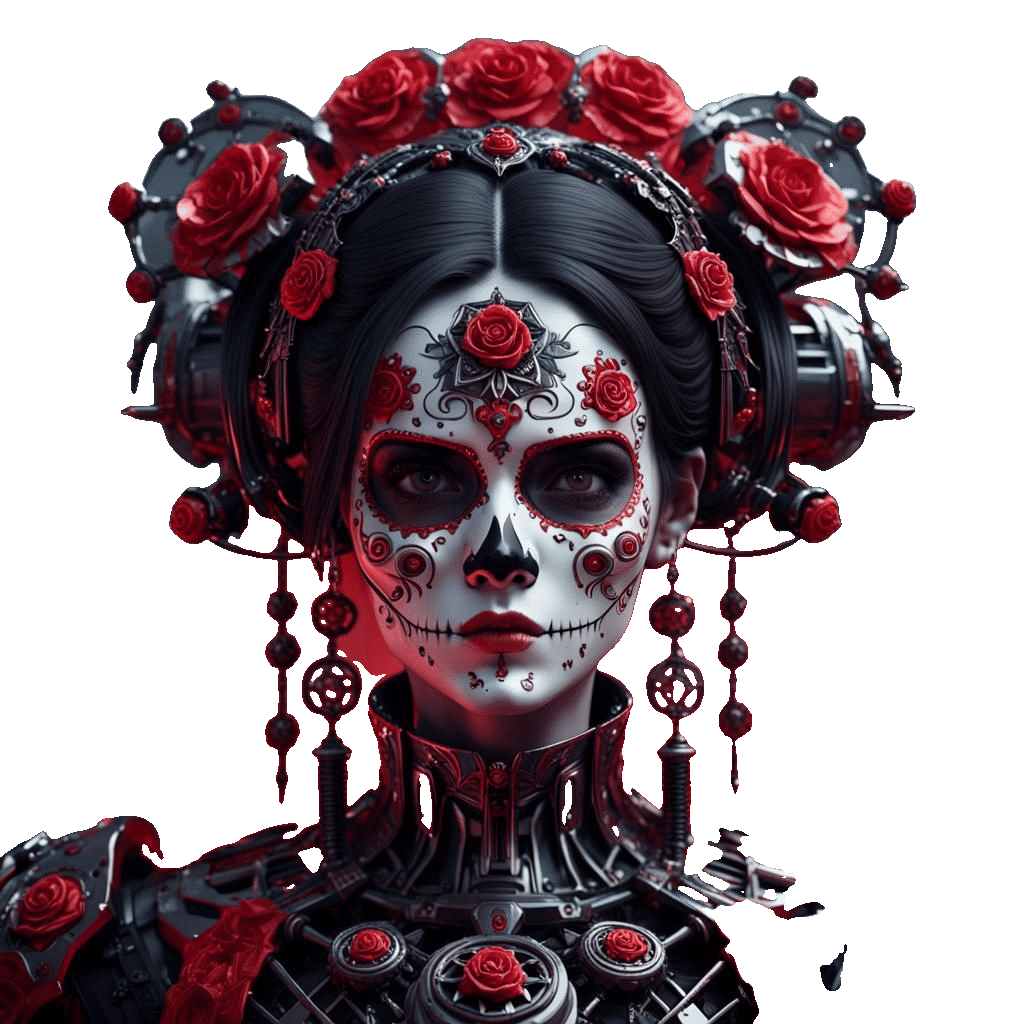 Gothic Lady with Red Muertos Face in Sci-Fi Style