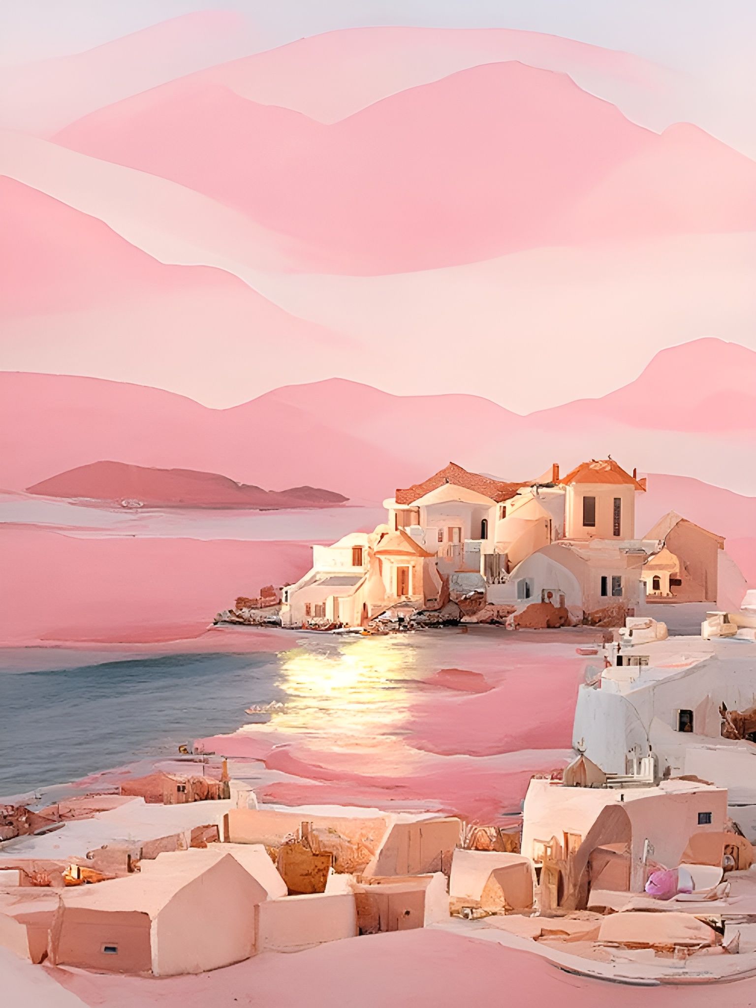Pink Sunrise Over Ancient Greek Seaside City