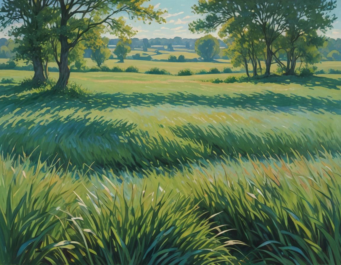 Impressionist Landscape: Endless Green Field Under Blue Sky