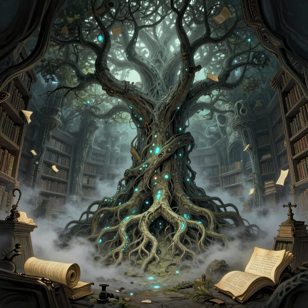 Ancient Tree with Glowing Roots in Forgotten Library
