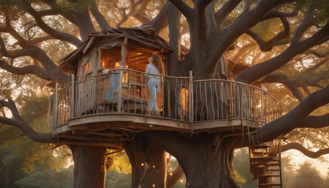 Girl and Treehouse at Sunset in Soft Pastel