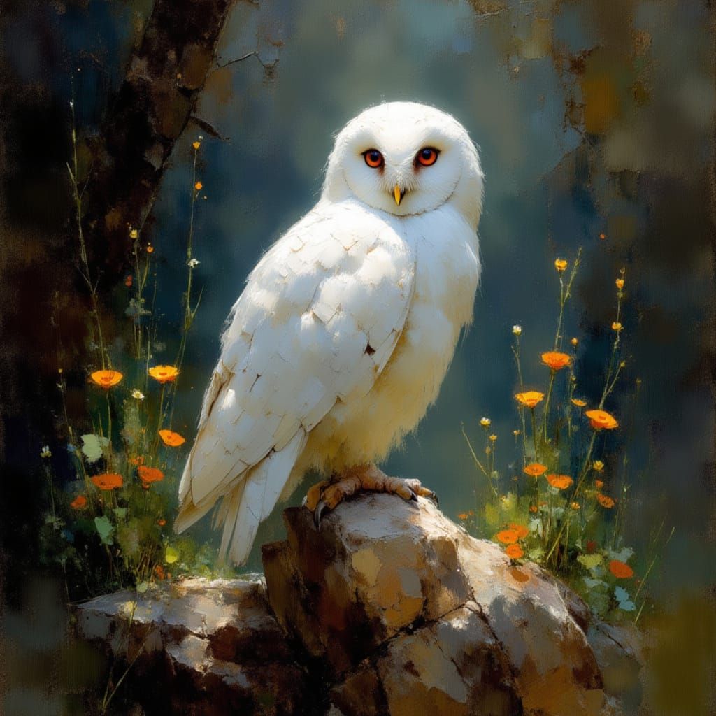 Stylized White Owl in Moonlit Forest