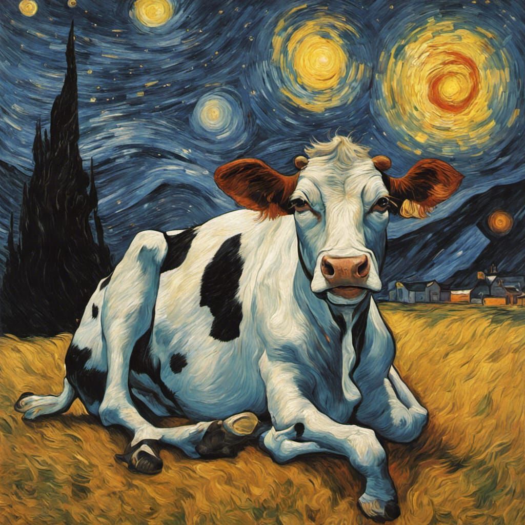 Cow Under Starry Night in Van Gogh Style