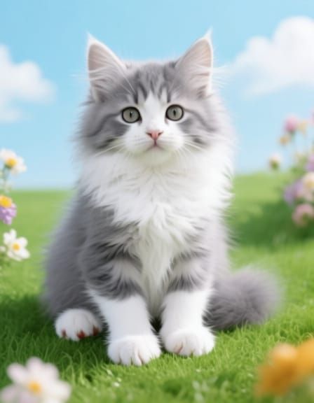 Fluffy Grey Kitten Sitting on Green Grass