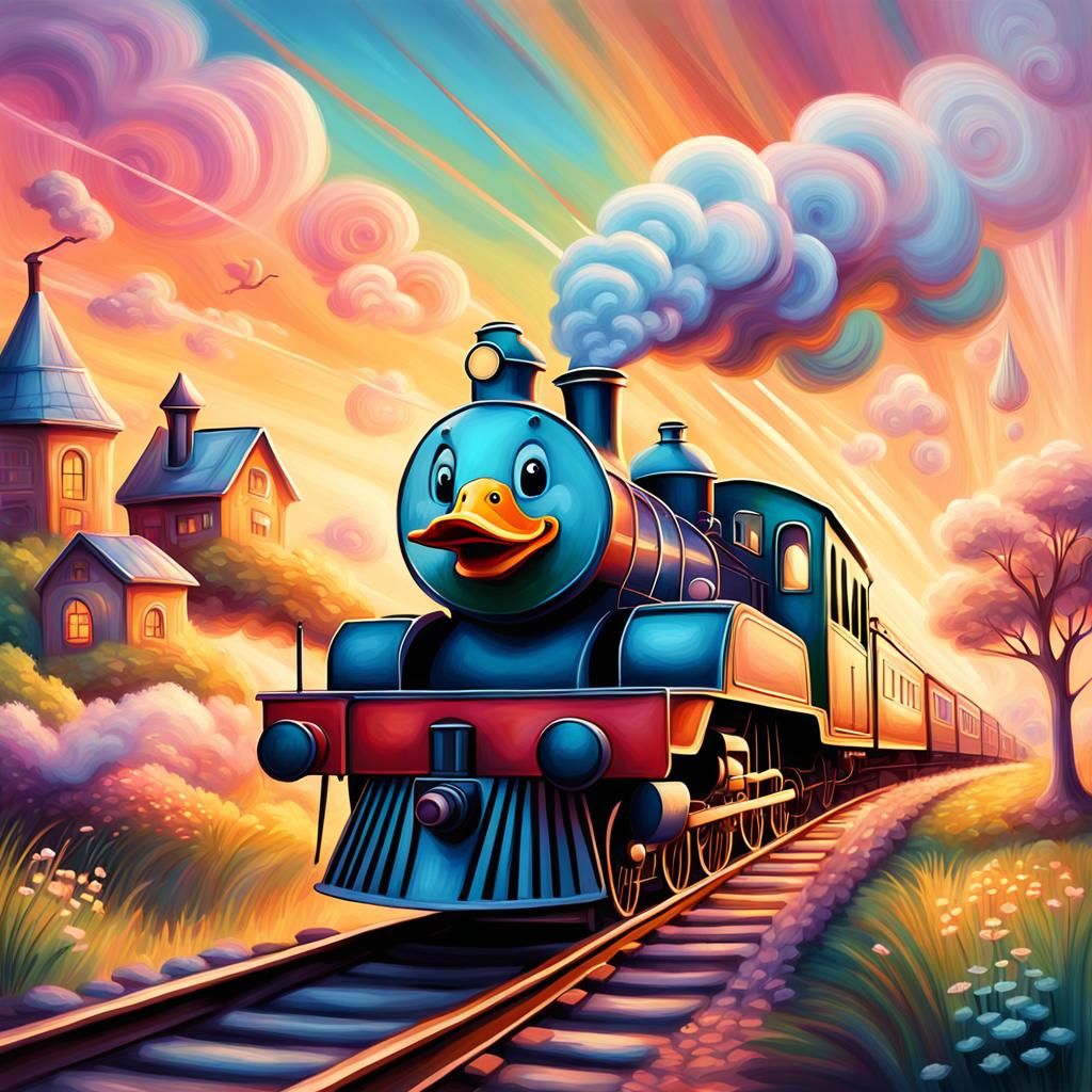Duck Rides a Train in Digital Fantasy Art