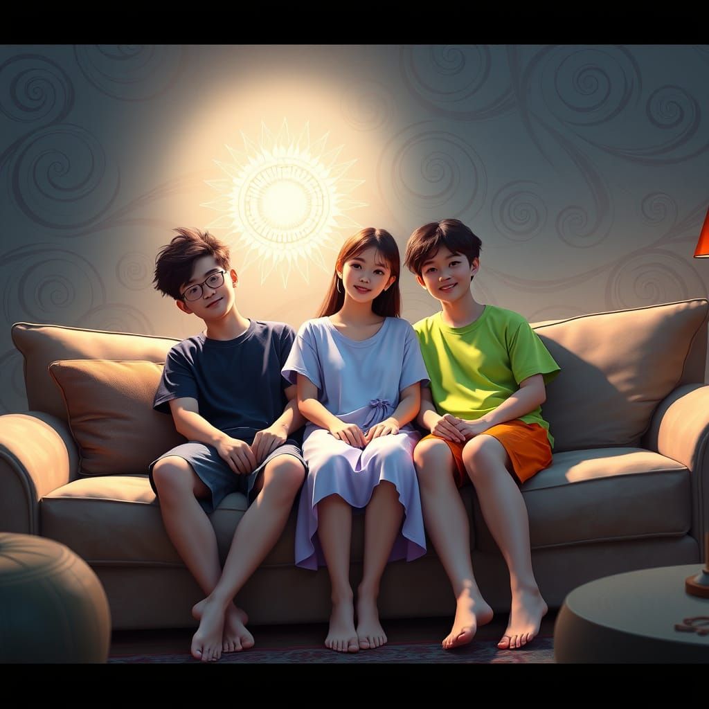 Siblings Gather in Enchanted Living Room Scene