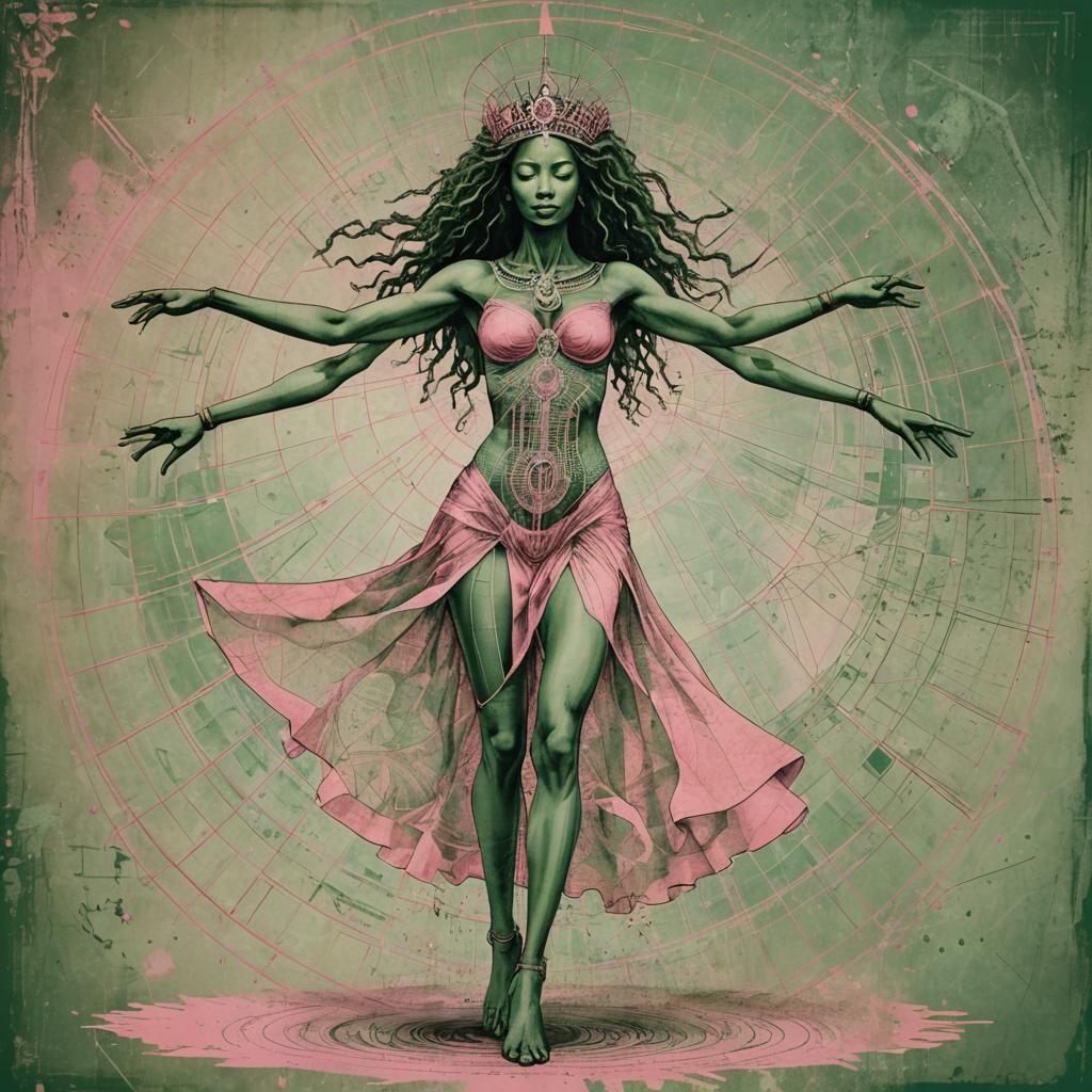 Vitruvian African Queen Double Exposure in Lithography Style