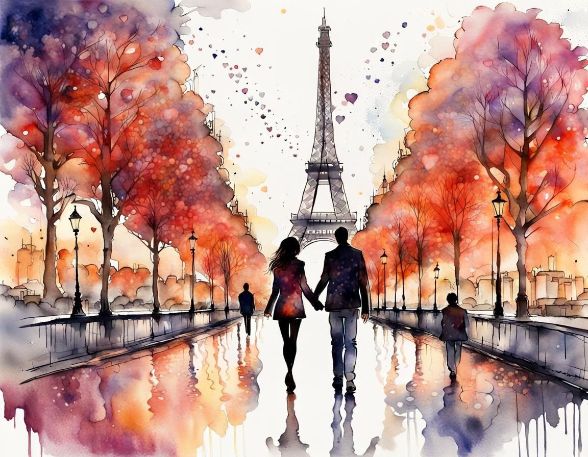 Romantic Paris Evening: Watercolor and Ink Illustration
