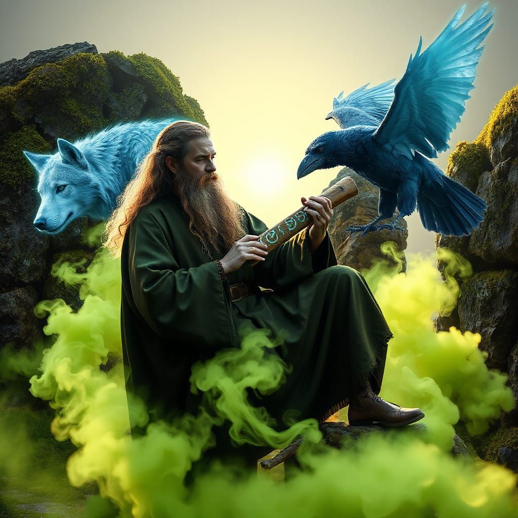 Celtic Bard Plays Rune Flute, Spirit Animals Emerge in Mist