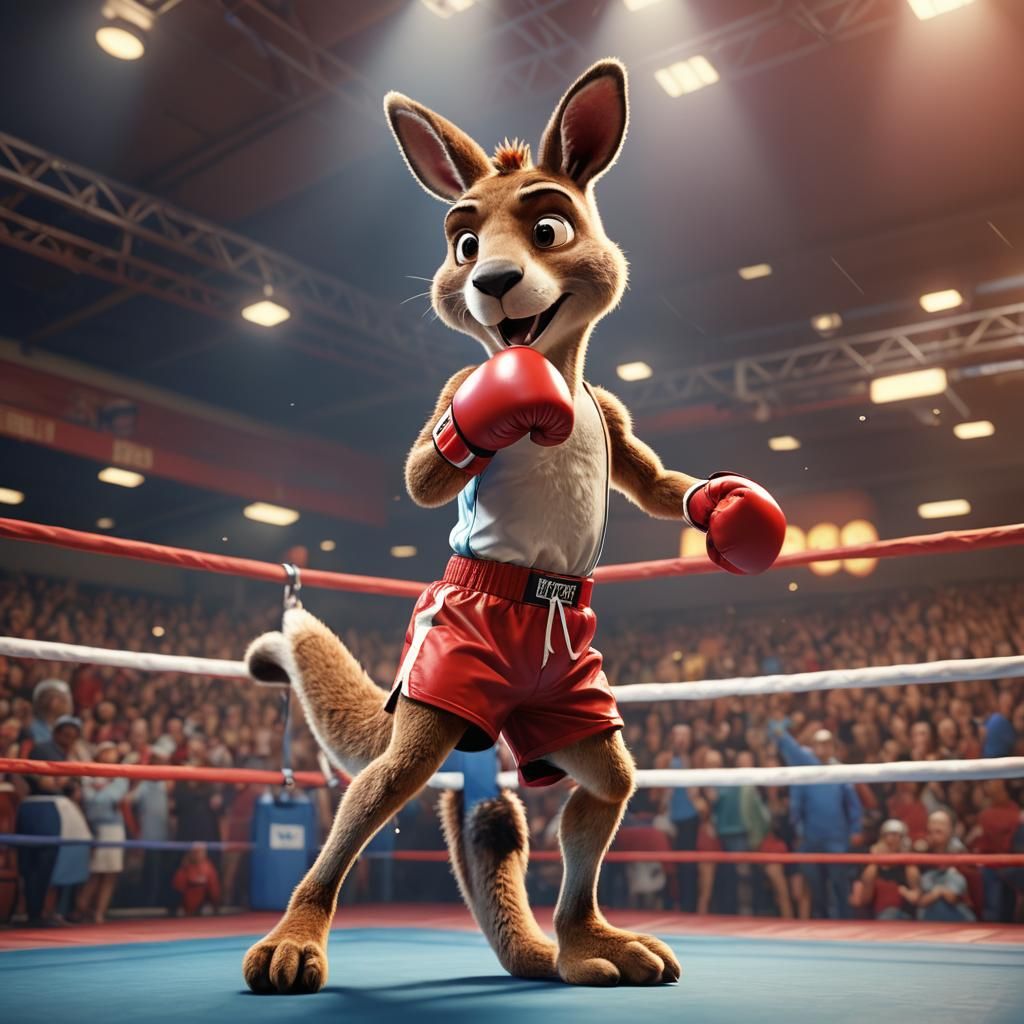 Boxing Kangaroo in Ring, Vibrant 3D Digital Art