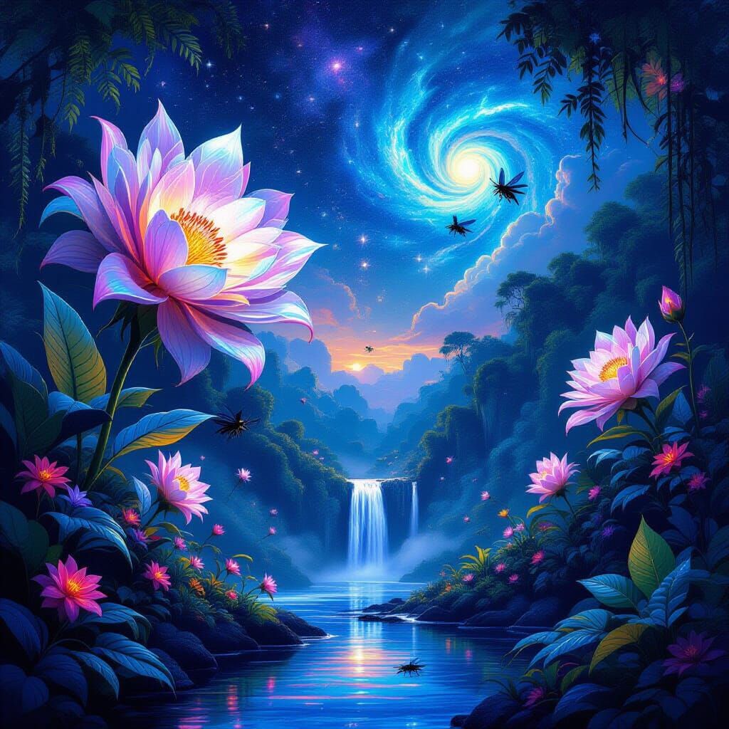 Bioluminescent Jungle Under Cosmic Sky