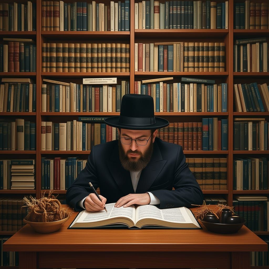 Orthodox Jewish Man Studying in Book-Filled Room