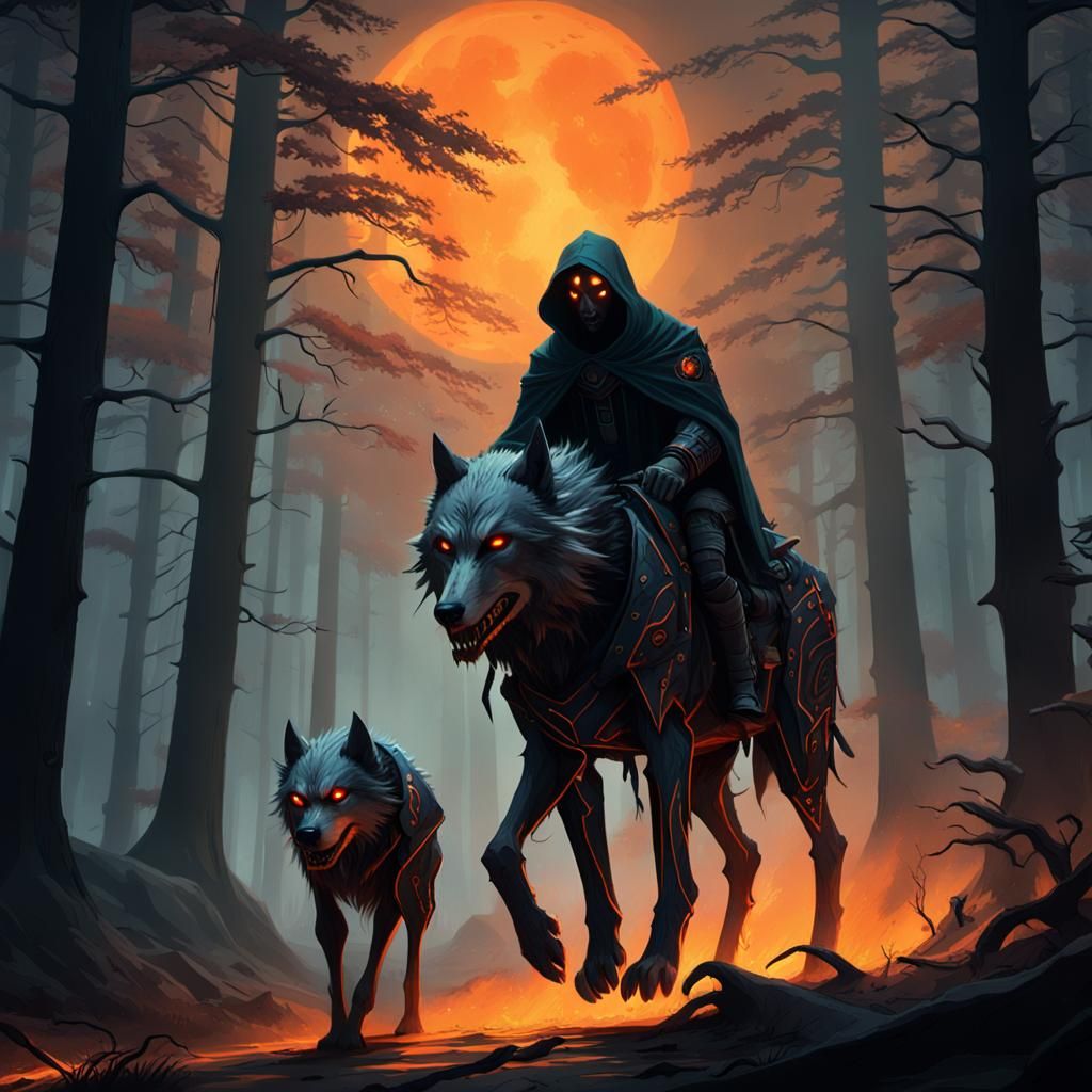 Reaper Knight on Wolf in Misty Forest