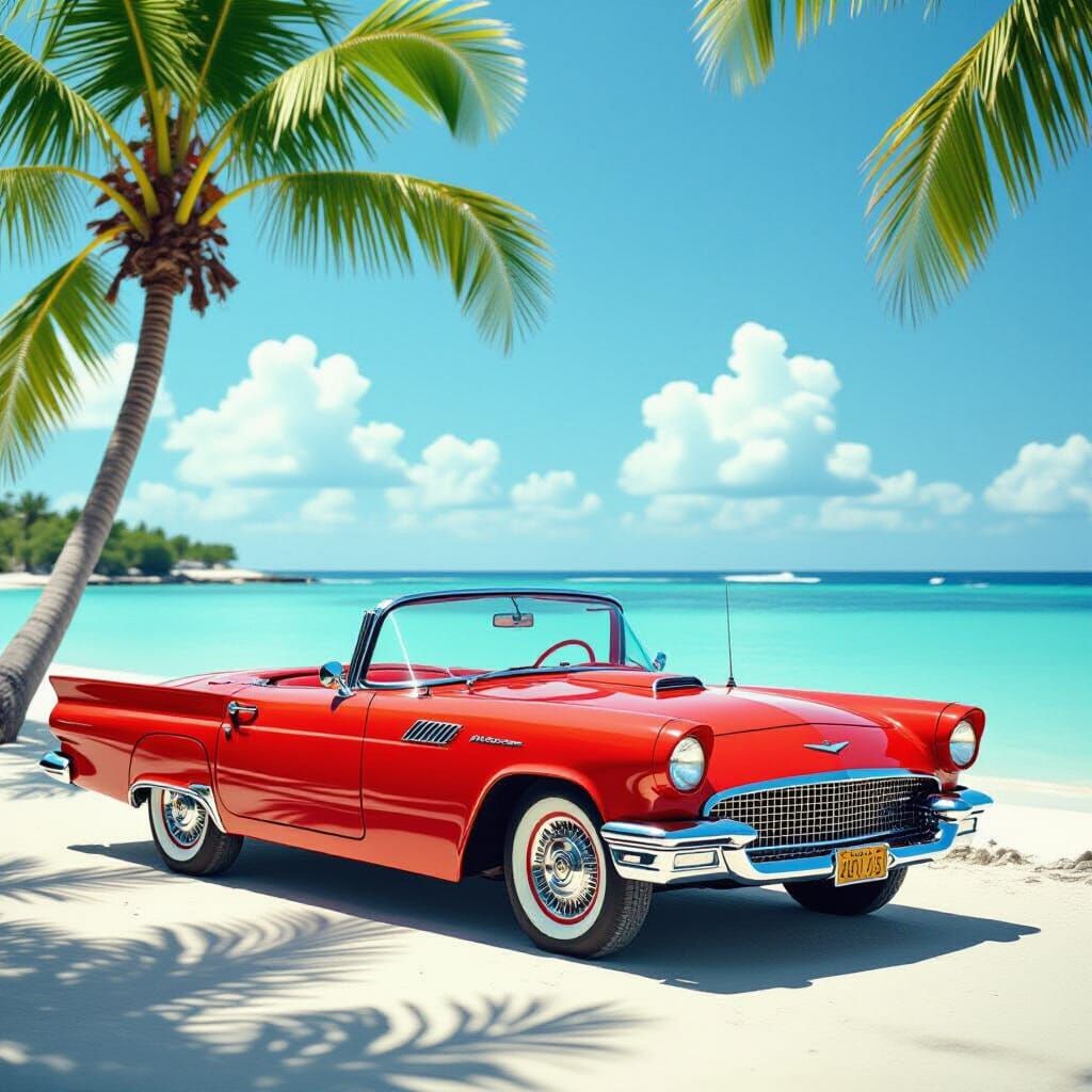 Vintage Red Convertible on Tropical Beach Getaway