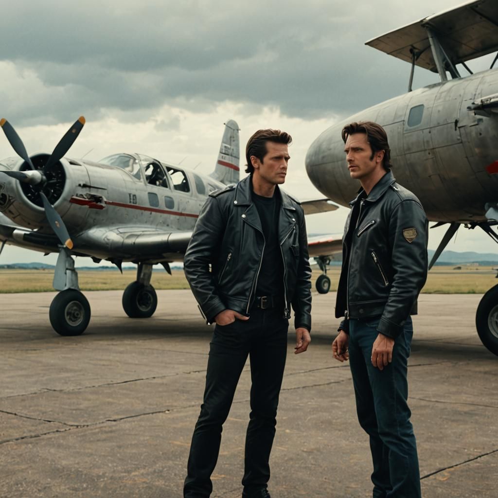 Two Men in Leather Jackets Next to a Plane