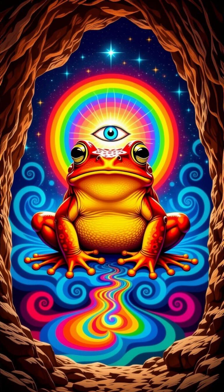Visionary Frog Deity Mural in Cave with Rainbow Halo